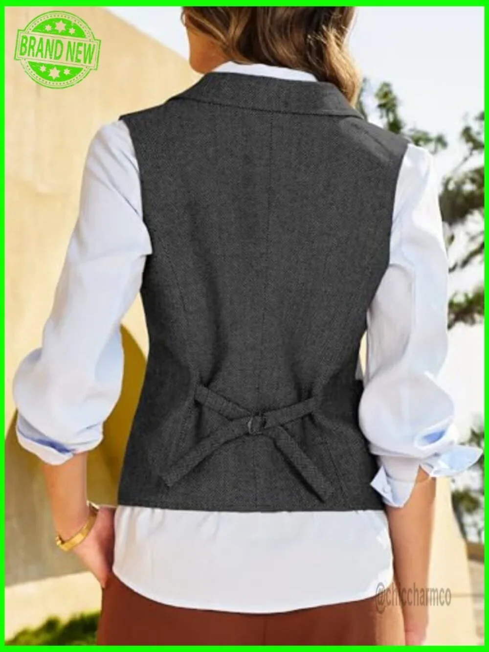 Herringbone Tweed Waistcoat Sleeveless Blazer Suit Vest with Adjustable Back